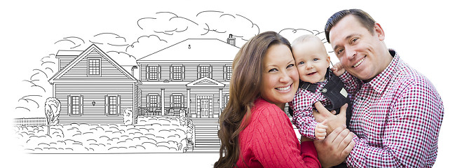 Image showing Young Family With Baby Over House Drawing on White