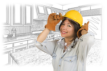 Image showing Hispanic Woman in Hard Hat with Kitchen Drawing Behind