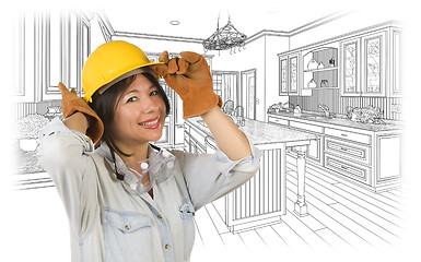 Image showing Hispanic Woman in Hard Hat with Kitchen Drawing Behind