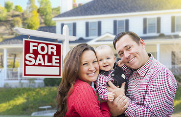 Image showing Young Family In Front of For Sale Sign and House