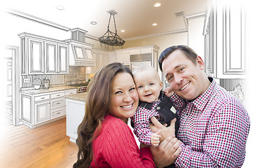 Image showing Young Family Over Custom Kitchen Design Drawing and Photo Combin