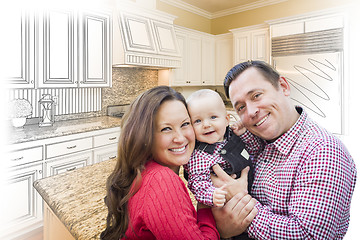 Image showing Young Family Over Custom Kitchen Design Drawing and Photo Combin