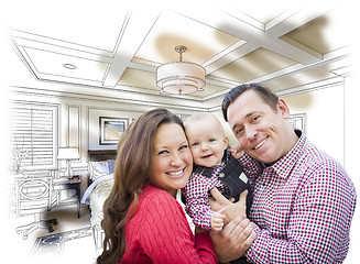 Image showing Young Family With Baby Over Bedroom Drawing and Photo