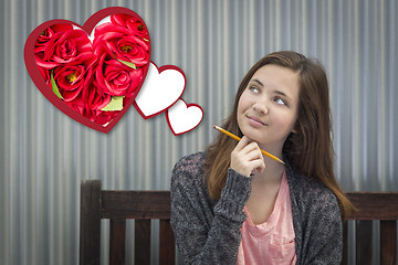 Image showing Daydreaming Girl Next To Floating Hearts with Red Roses