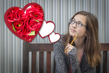 Image showing Daydreaming Girl Next To Floating Hearts with Red Roses