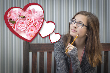 Image showing Daydreaming Girl Next To Floating Hearts with Pink Roses