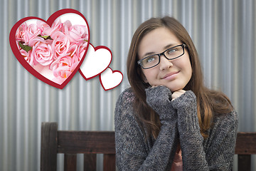 Image showing Daydreaming Girl Next To Floating Hearts with Pink Roses