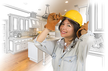 Image showing Hispanic Woman in Hard Hat with Kitchen Drawing and Photo