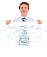 Image showing Confident business holding a white board with water reflection