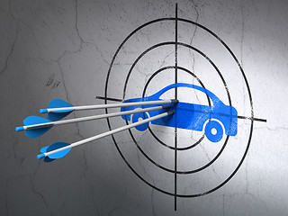 Image showing Travel concept: arrows in Car target on wall background