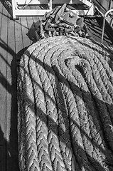 Image showing The ropes braided in bays on an ancient sailing vessel