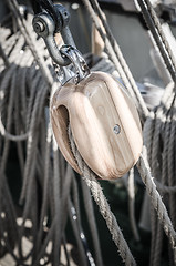 Image showing Blocks and rigging at the old sailboat, close-up