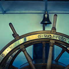 Image showing Steering wheel of an old sailing vessel, close up