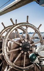 Image showing Steering wheel of an old sailing vessel, close up