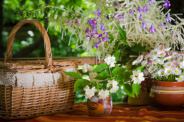 Image showing A bouquet of daisies in a pot on the table for a picnic