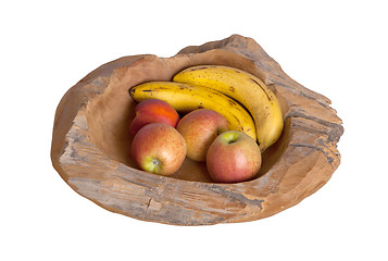 Image showing Ripe fruit assortment in a wooden bowl isolated