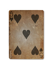 Image showing Very old playing card, five of hearts