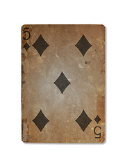 Image showing Very old playing card, five of diamonds