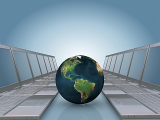 Image showing Laptop corridor with Earth globe