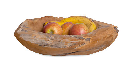 Image showing Ripe fruit assortment in a wooden bowl isolated