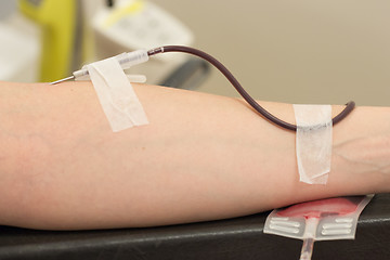Image showing Donor in an armchair donates blood,, close-up