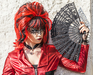 Image showing Disguised Woman with a Fan - Venice Carnival 2012