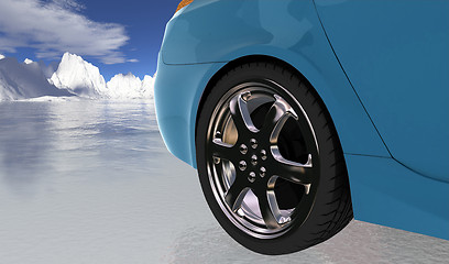 Image showing Blue sport car on thin ice , rear wheel