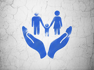 Image showing Insurance concept: Family And Palm on wall background