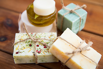 Image showing close up of handmade soap bars on wood