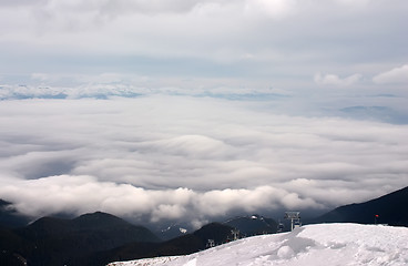 Image showing Ski lift with clouds