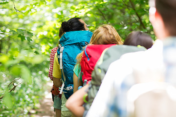 Image showing close up of friends with backpacks hiking