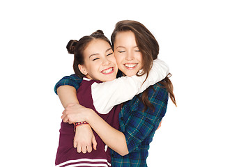 Image showing happy smiling pretty teenage girls hugging