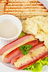 Image showing sausages with cheese and omelette