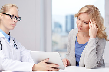 Image showing doctor with tablet pc and ill woman at hospital