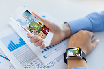 Image showing close up of hands with smart phone and watch