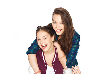 Image showing happy smiling pretty teenage girls hugging