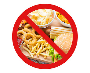 Image showing close up of fast food snacks behind no symbol