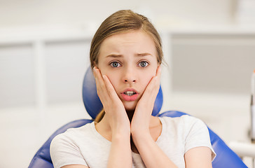 Image showing scared and terrified patient girl at dental clinic