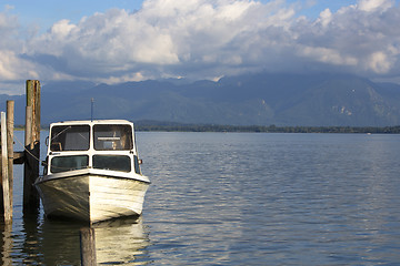 Image showing Motor boat at the pier, Chiemsee, Bavaria