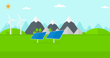 Image showing Background of solar panels and wind turbines in mountains.