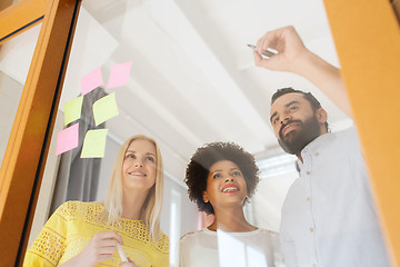 Image showing happy creative team writing on stickers at office