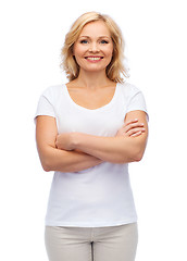 Image showing smiling woman in blank white t-shirt