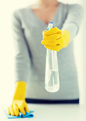 Image showing close up of woman cleaning table with cloth