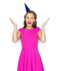 Image showing happy young woman or teen girl in party cap