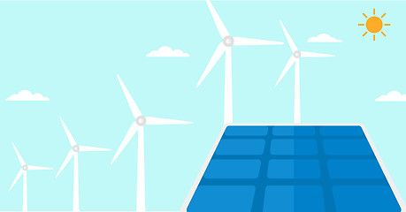 Image showing Background of solar panels and wind turbines.