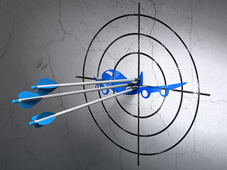 Image showing Vacation concept: arrows in Airplane target on wall background