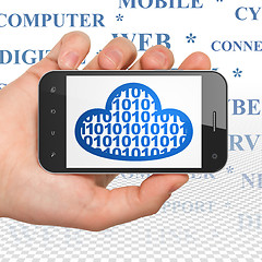 Image showing Cloud networking concept: Hand Holding Smartphone with Cloud With Code on display