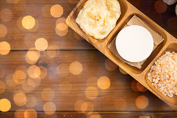 Image showing close up of soap, himalayan salt and body scrub