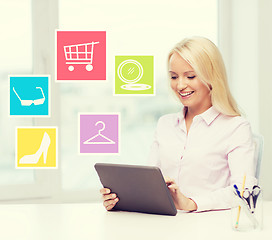 Image showing smiling businesswoman or student with tablet pc