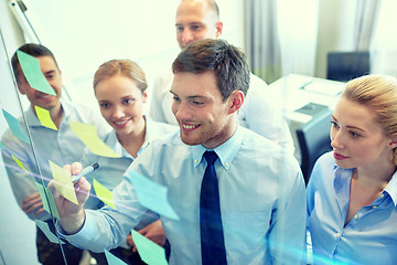 Image showing smiling business people with marker and stickers